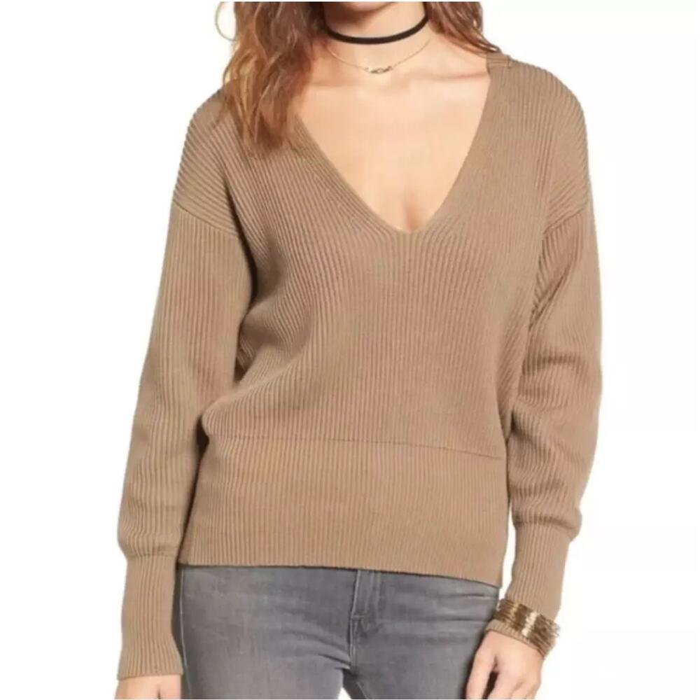 Free People Allure V-Neck Pullover Sweater S Brown Long Sleeve Ribbed Knit Cozy